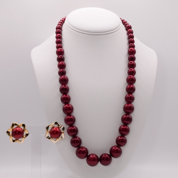 Vintage Dark Red Necklace with Matching Gold Tone Earrings - Post Back - Picture 2 of 5